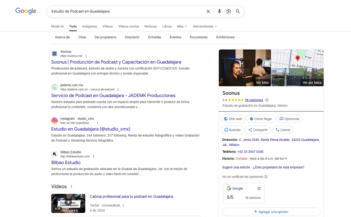 Resultado de búsqueda en Google mostrando a Soonus en la primera posición Soonus posicionado en primer lugar de Google