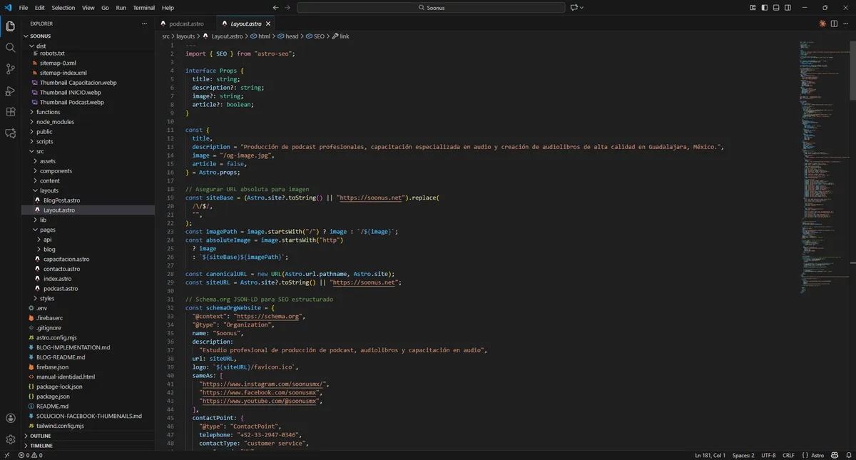 Ejemplo de código Astro desarrollado con las mejores prácticas y optimizaciones Código Astro limpio y optimizado en Visual Studio Code